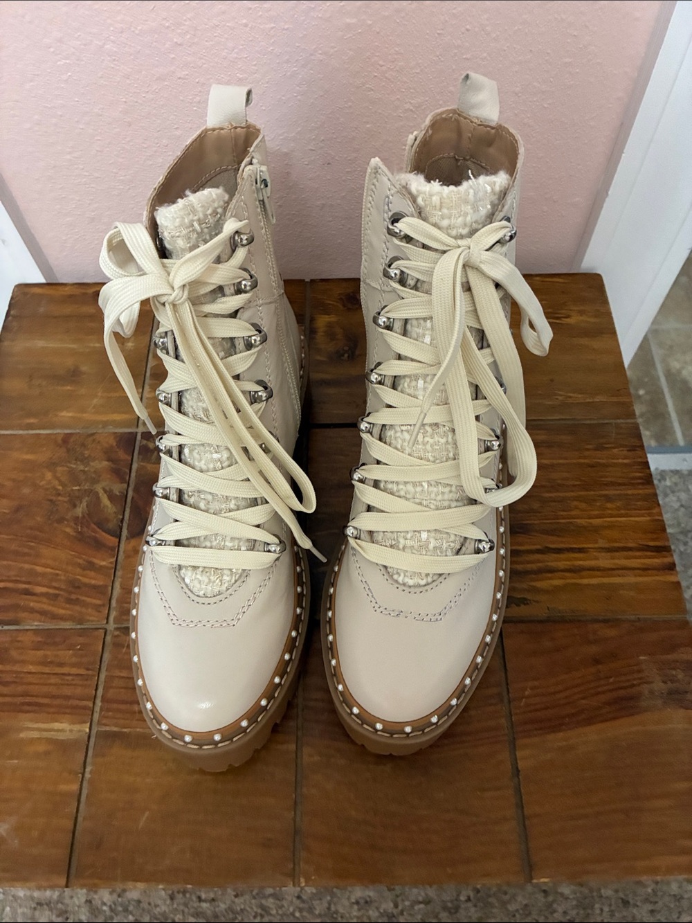 Steve Madden Cream Lace-Up Combat Boots with Knit Tongue and Studded Sole